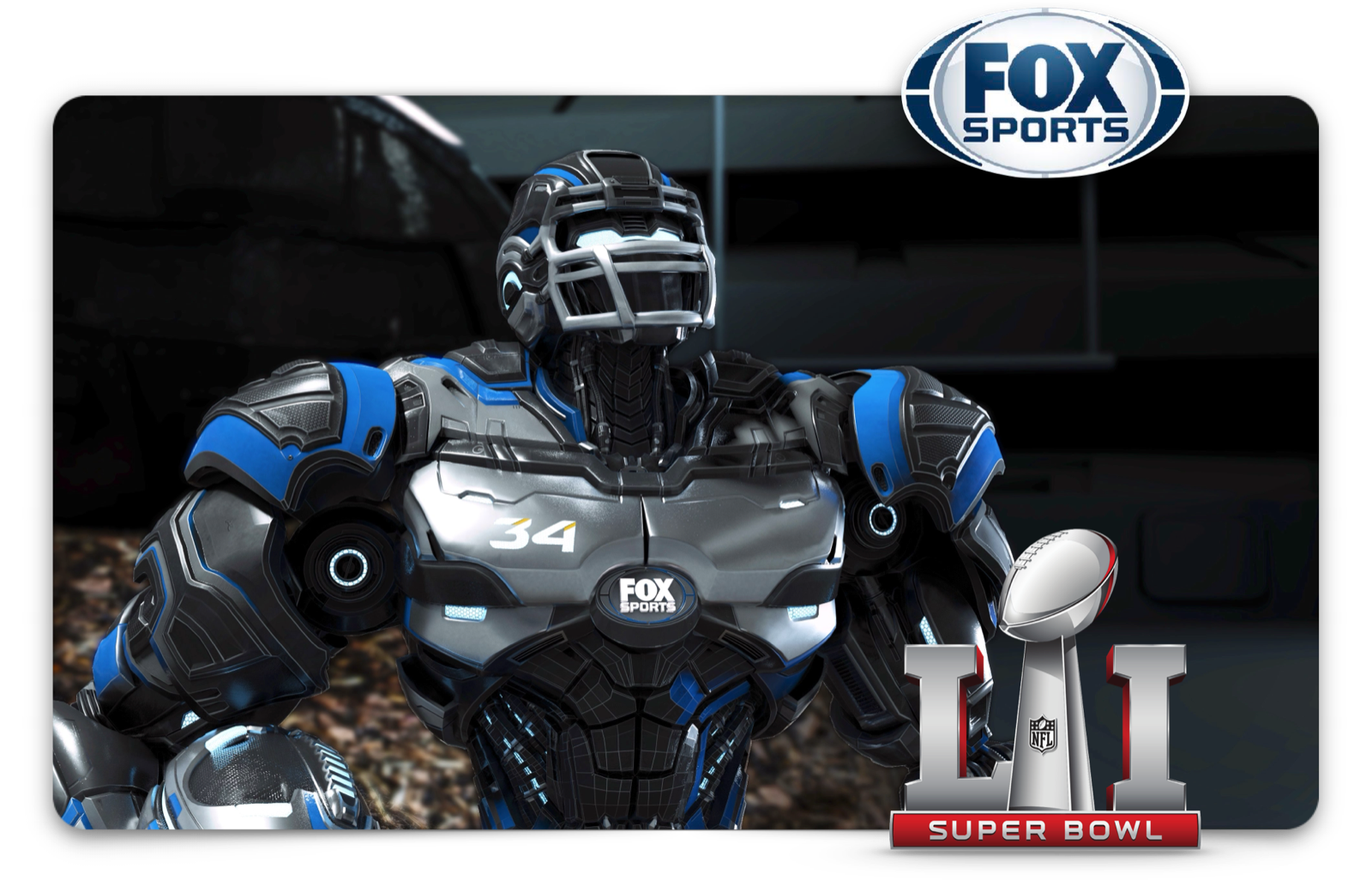 Fox Sports Super Bowl campaign, fully CGI robot character with the Super Bowl LI mark