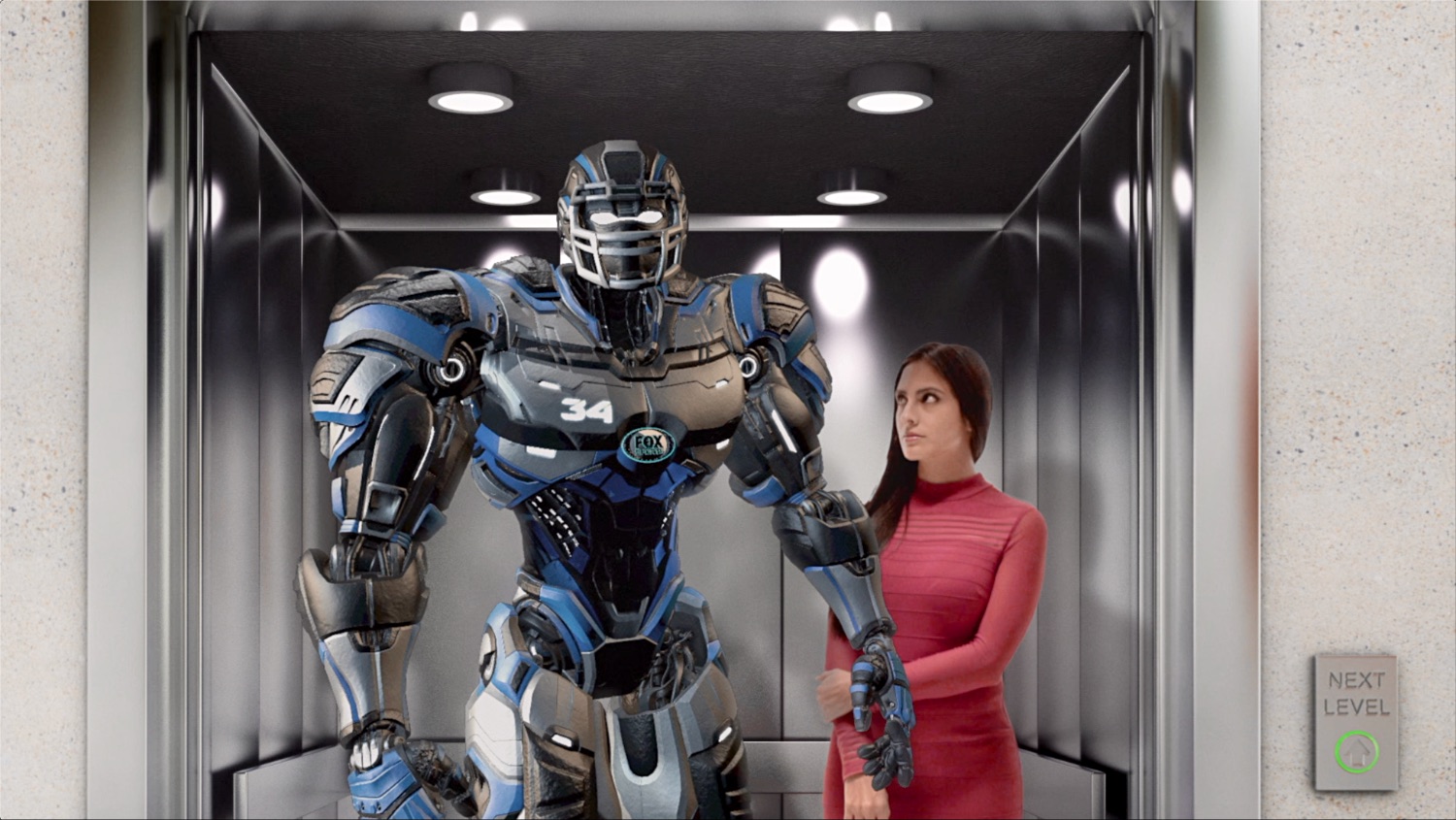 CGI robot character sharing an elevator with a woman, Fox Sports Super Bowl campaign