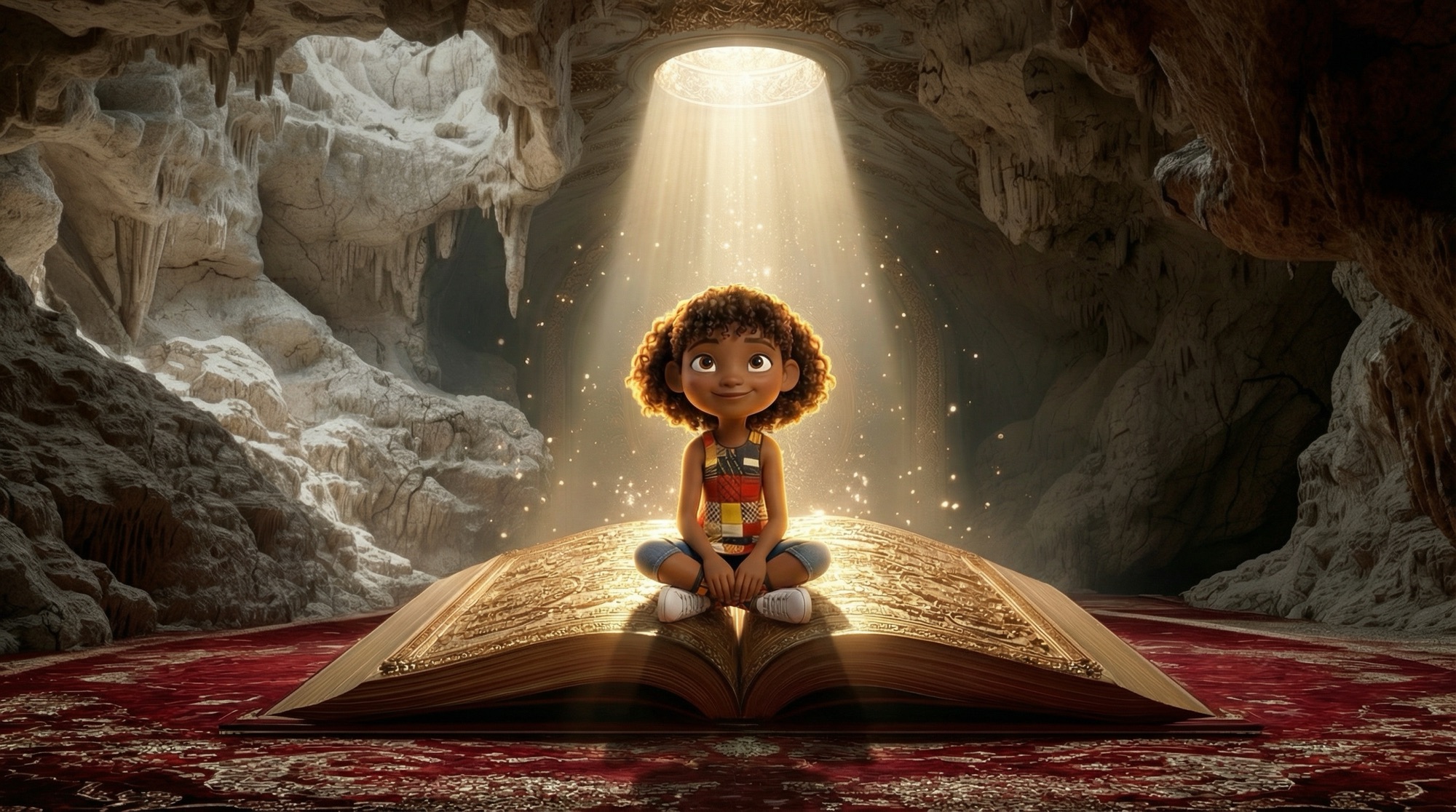 A girl seated atop a giant glowing book inside a cathedral-like cave