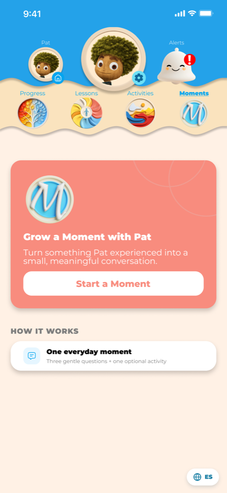 Hope Seed Moments home screen: Grow a Moment with Pat