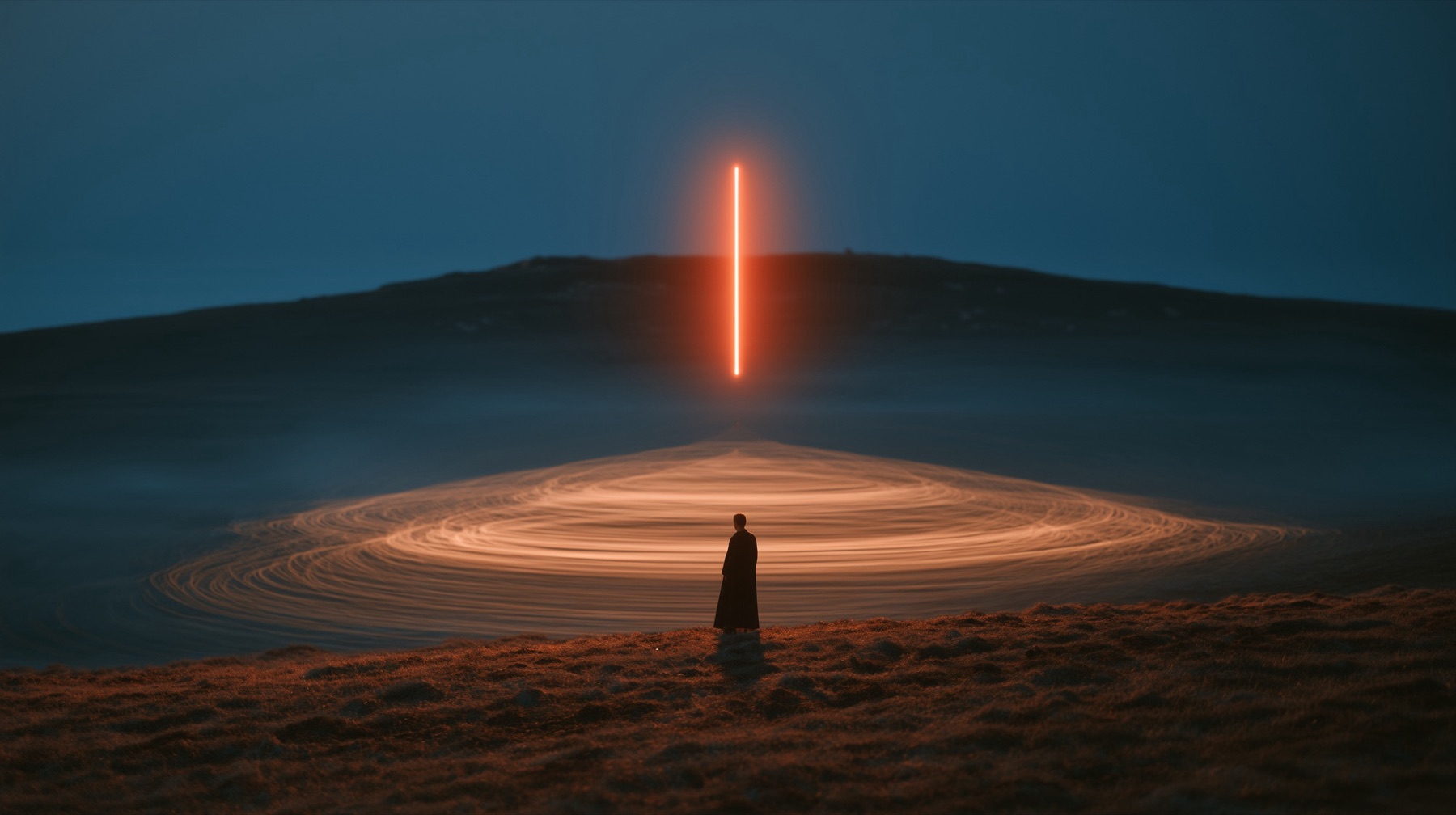 A lone figure on a ridge facing a vertical beam of light over a glowing basin