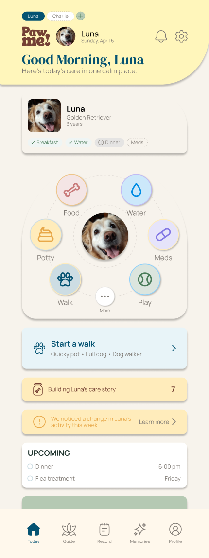 PawMe home screen: today’s care for Luna in one calm place