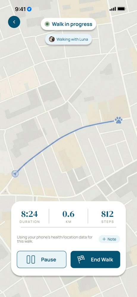 PawMe live walk screen with map, paw trail and walk stats