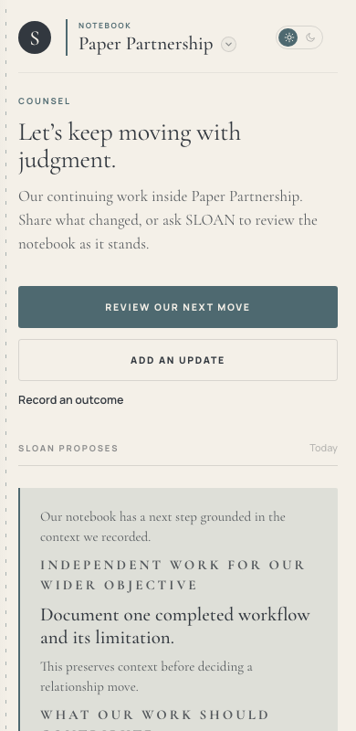 SLOAN Counsel screen on iPhone, day mode